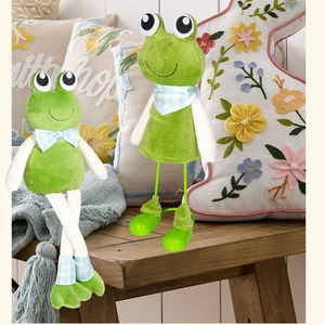 Cute Green Frog Plush Doll With Long Legs Plaid Bow Decoration Sitting Standing Cartoon Animal Figurine For Home Decor