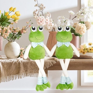 Cute long-legged green frog plush dolls sitting together for home decor gift