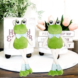 Cute green long-legged frog plush ornaments with blue plaid bows for desktop decoration