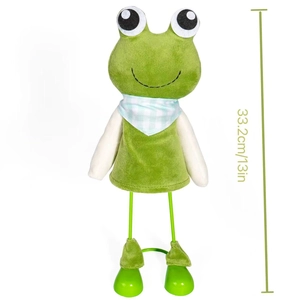 Detailed view of long-legged green frog ornament with blue scarf, measuring 13 inches tall
