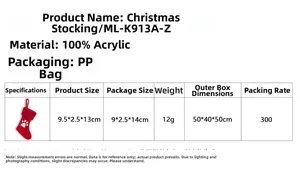 Detail specifications of red knitted Christmas sock with cat paw print, 100% acrylic material