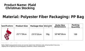 Size chart showing dimensions 25x39cm for the red plaid polyester Christmas stocking
