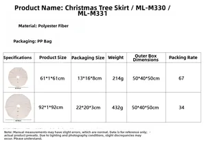 Size chart for white knitted Christmas tree skirt with diameter and weight details