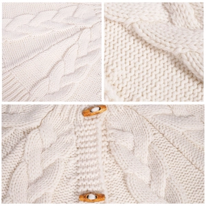 Off-white cable knit Christmas tree skirt with wooden buttons festive holiday decor