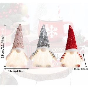 Drei leuchtende Weihnachts-Gnome mit Paillettenmützen und LED-Licht, 29cm hohe Dekoration