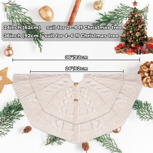 Detail of white cable knit Christmas tree skirt with elegant wooden buttons