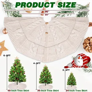 White knitted Christmas tree skirt with wood buttons in 24, 36, and 48 inch sizes