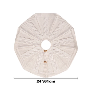 Detail of 24 inch white cable knit Christmas tree skirt with wooden button closure