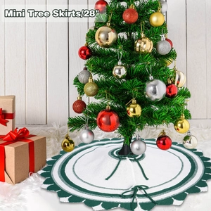 28 inch mini white Christmas tree skirt with green trim and ribbon ties detail