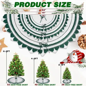 Size guide for green and white knit Christmas tree skirts in 28, 40, and 52 inch options
