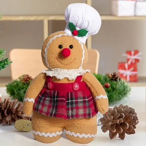 Detailed plush gingerbread doll with a chef hat and lace collar for Christmas decor
