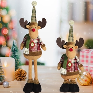 Detailed plush reindeer figurines with plaid hats and scarves for festive table decor