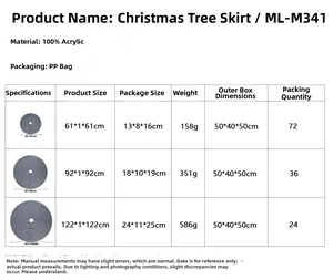 Detailed size chart for grey knitted Christmas tree skirts in 24, 36, and 48 inch options