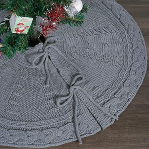 Christmas Tree Skirt Acrylic Knitted Cable Pattern Round Grey Tie Up Closure Festive Holiday Decoration
