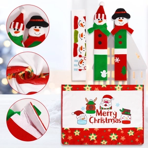 Christmas refrigerator handle covers set featuring snowman and Santa decor in festive red