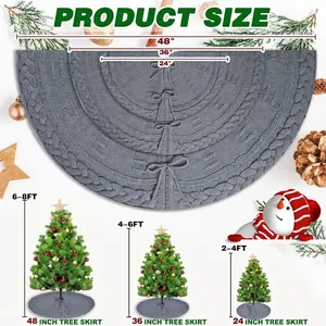 Size guide for gray knitted Christmas tree skirts in 24, 36, and 48 inch diameter options