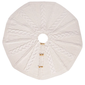 White cable knit Christmas tree skirt with wooden buttons for holiday decorations