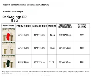 Detailed size chart for knitted Christmas stockings in red, white and green acrylic