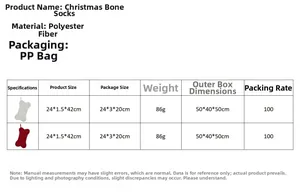 Size chart showing 42cm knitted bone-shaped Christmas stockings with material details