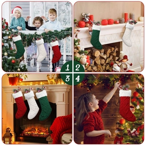 Close-up of three knitted Christmas stockings with white faux fur cuffs for home decor