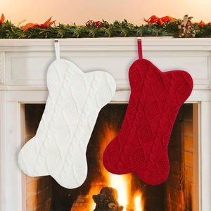 Christmas Stocking Knitted Polyester Bone Shaped Cable Knit Pet Holiday Decoration Hanging Fireplace Ornament Gift Bag Red White