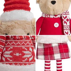 Plush Christmas bear set in festive red outfits with knits and scarves on white background