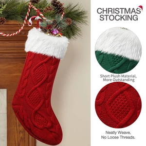 Knitted Christmas stockings with plush cuff and classic cable pattern in red and green