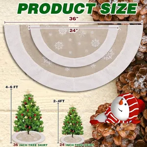 Brown burlap Christmas tree skirt with white snowflake patterns and plush trim in two sizes