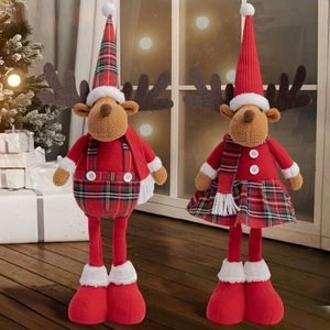 Christmas Reindeer Plush Dolls Plaid Fabric Knitted Standing Reindeer Ornaments For Desktop Holiday Home Decor