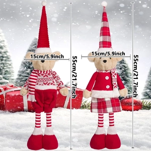 Pair of 55cm Christmas teddy bear plush ornaments in festive red outfits on snow