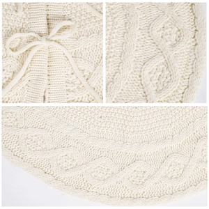 White cable knit Christmas tree skirt with bow ties for festive holiday decoration