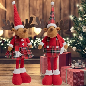 Standing Christmas reindeer plush toy set with red plaid outfits for festive home decor
