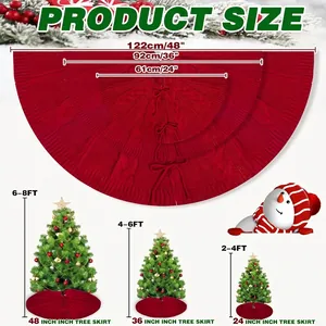 Red knit Christmas tree skirt size guide with cable texture and size comparison
