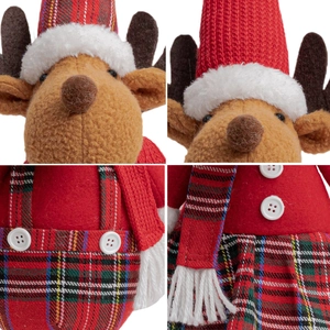 Standing Christmas plush reindeer doll with red knit hat and plaid skirt ornament