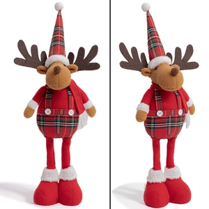 Detail of a standing plush reindeer wearing a plaid Christmas hat and red festive boots