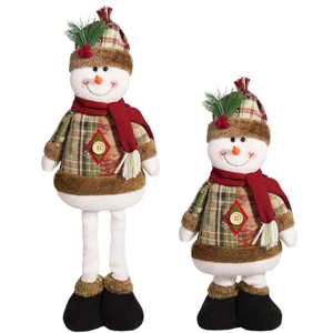 Christmas snowman plush doll set with telescopic legs and festive checkered hats