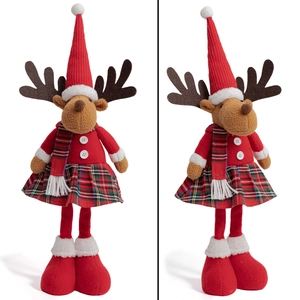 Front and side view of a standing Christmas reindeer plush toy with plaid skirt and hat