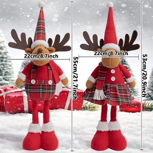 Standing Christmas elk plush dolls in red plaid outfits for festive tabletop decoration