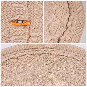 Large beige cable knit Christmas tree skirt with wooden toggle button decoration