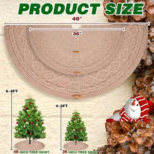 Knitted Christmas tree skirt with wooden buttons and size guide for festive decor