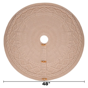 Detail of 48-inch cable knit Christmas tree skirt with wooden buttons and soft beige texture