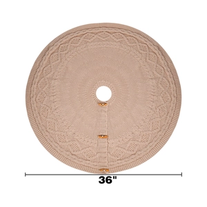 Detail of 36-inch beige cable knit Christmas tree skirt with wooden button closures