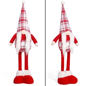 Detailed view of two Christmas long-legged gnomes with red plaid hats and white beards