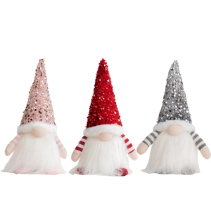 Three Christmas gnomes with sequined hats in pink, red, and gray on white background