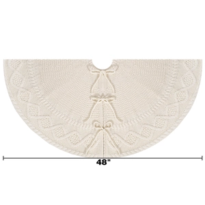 White 48 inch cable knit Christmas tree skirt with decorative bow ties on white background