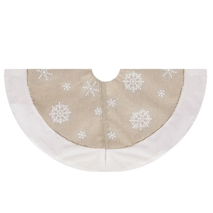 Brown burlap Christmas tree skirt with white snowflakes and pleated ruffle edge trim