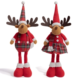 Christmas plush reindeer dolls in red plaid outfits standing on white background