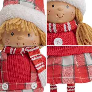 Christmas plush dolls in tartan outfits with knitted sweaters for festive tabletop decor