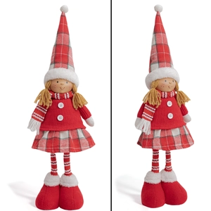 Detailed views of a Christmas girl plush doll with red plaid hat and knitted outfit
