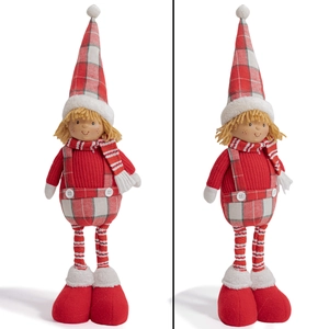 Detail of Christmas elf dolls in red plaid hats and sweaters on white background